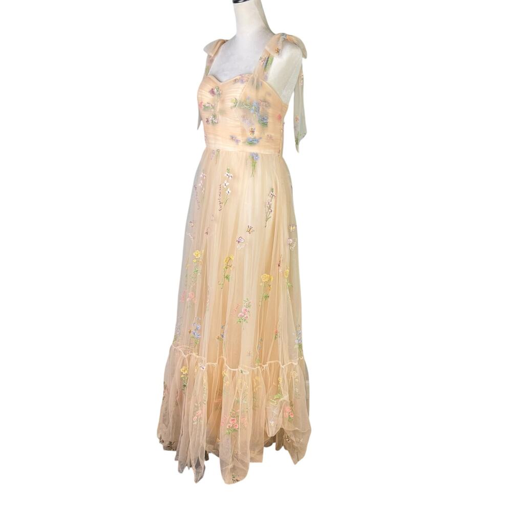 Neutral Cream Tulle Tie Straps Long A Line Flower Embroidered Prom Formal Dress - Picture 4 of 13